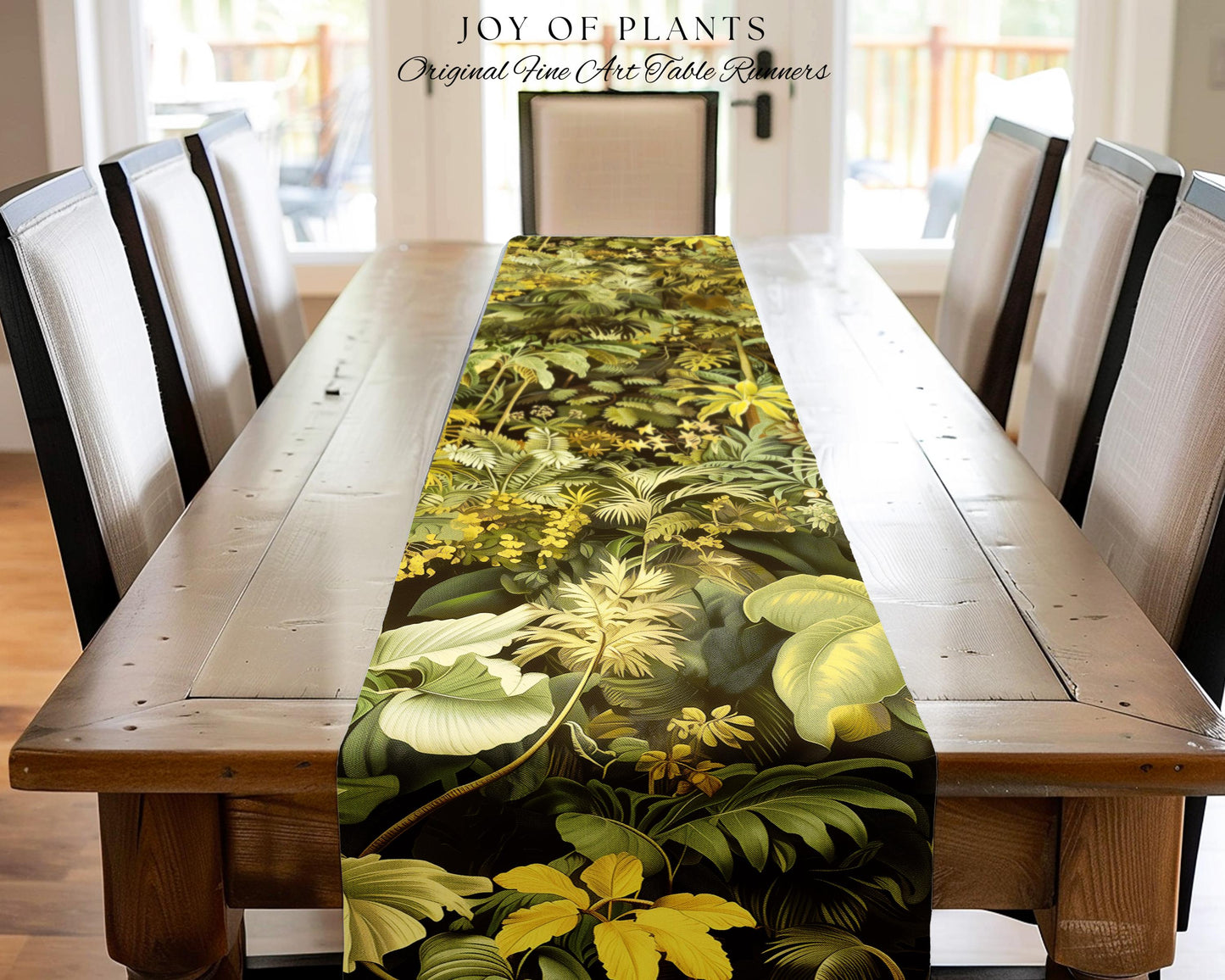 Moody Botanical Jungle Leaves Table Runner | Eclectic Green Maximalist Dining Room Table Whimsigoth Vintage Botanical Nature Forest Style |