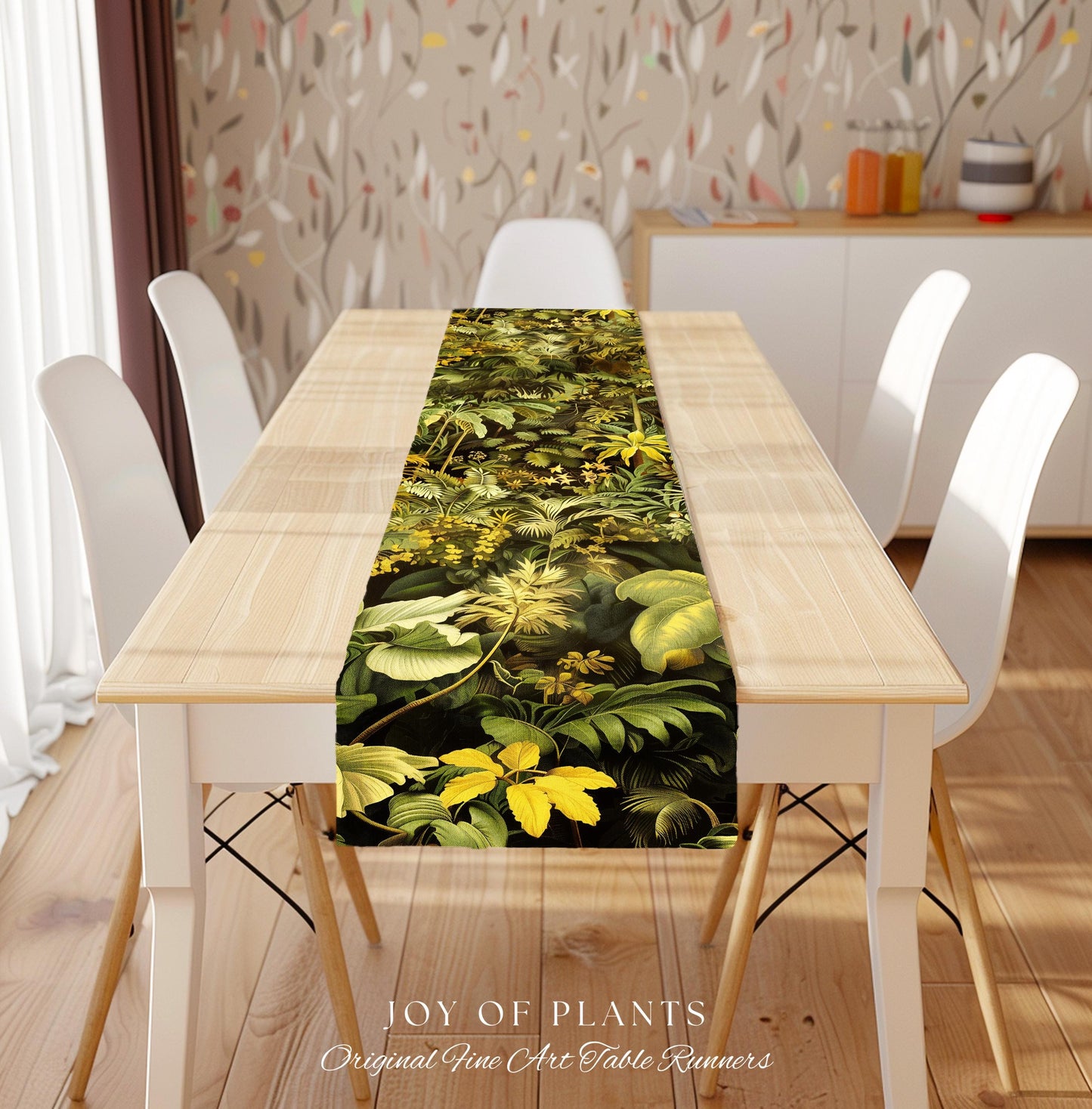 Moody Botanical Jungle Leaves Table Runner | Eclectic Green Maximalist Dining Room Table Whimsigoth Vintage Botanical Nature Forest Style |