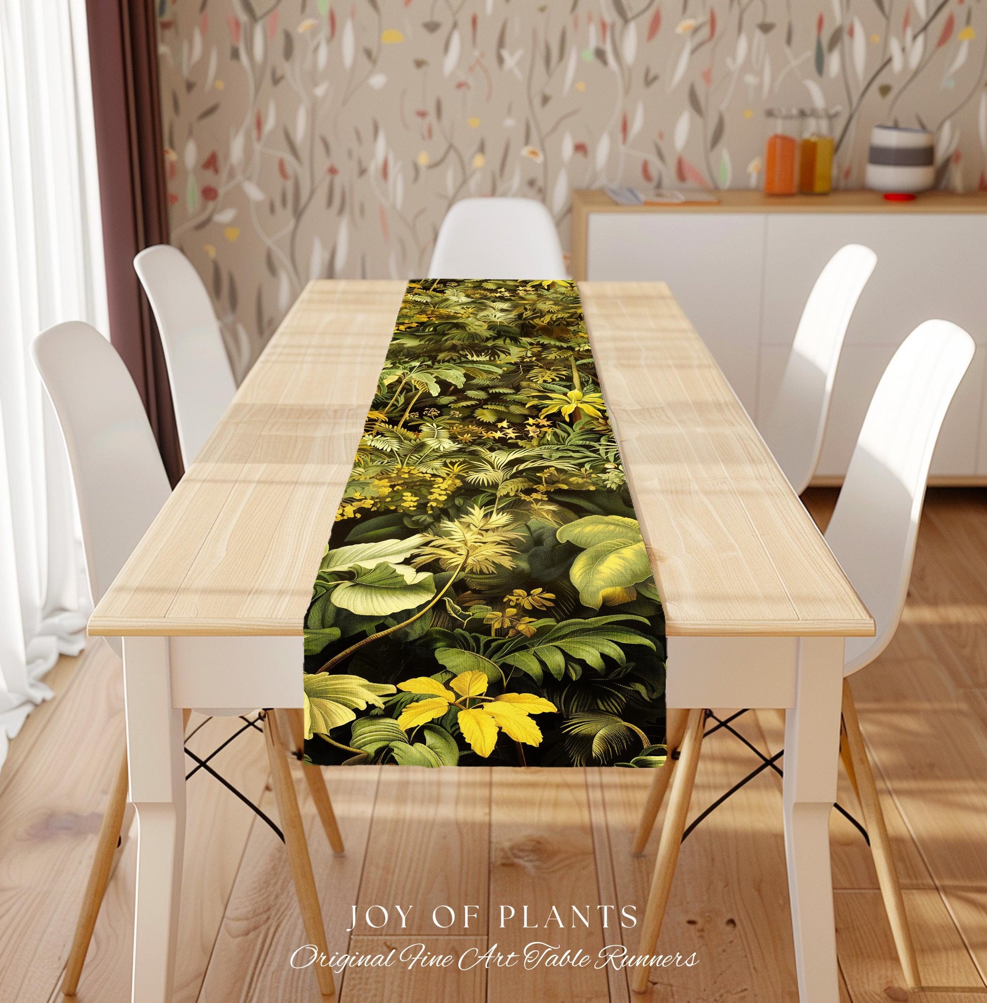 Moody Botanical Jungle Leaves Table Runner | Eclectic Green Maximalist Dining Room Table Whimsigoth Vintage Botanical Nature Forest Style |