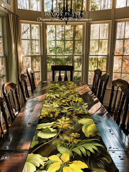 Moody Botanical Jungle Leaves Table Runner | Eclectic Green Maximalist Dining Room Table Whimsigoth Vintage Botanical Nature Forest Style |