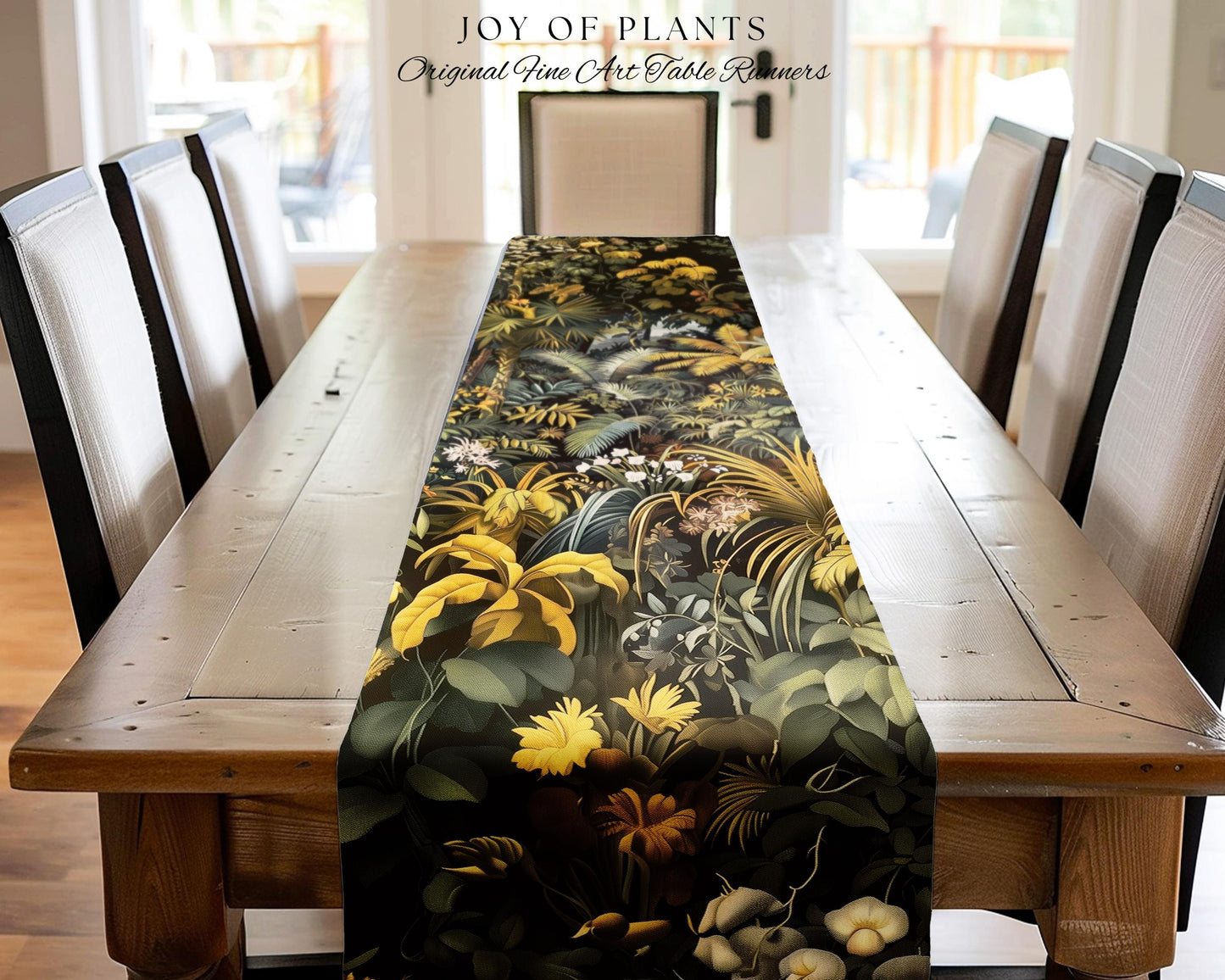 Earthy Colors Tropical Leaves Table Runner | Jungle Theme Dining Room Decor Whimsical Botanical Aesthetic Forest House Plant Foliage Natural