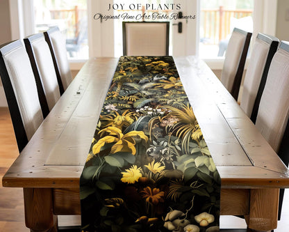 Earthy Colors Tropical Leaves Table Runner | Jungle Theme Dining Room Decor Whimsical Botanical Aesthetic Forest House Plant Foliage Natural