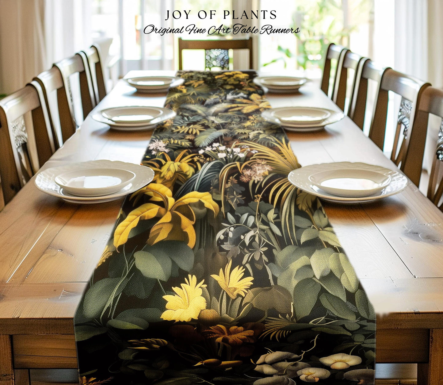 Earthy Colors Tropical Leaves Table Runner | Jungle Theme Dining Room Decor Whimsical Botanical Aesthetic Forest House Plant Foliage Natural
