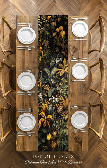 Earthy Colors Tropical Leaves Table Runner | Jungle Theme Dining Room Decor Whimsical Botanical Aesthetic Forest House Plant Foliage Natural