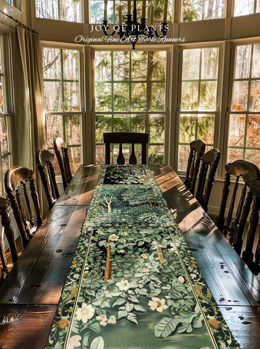 Medieval Forest Botanical Accent Table Runner | Woodland Botanical Emerald Green Vintage Aesthetic Mystic Dining Room Decorations Magical |