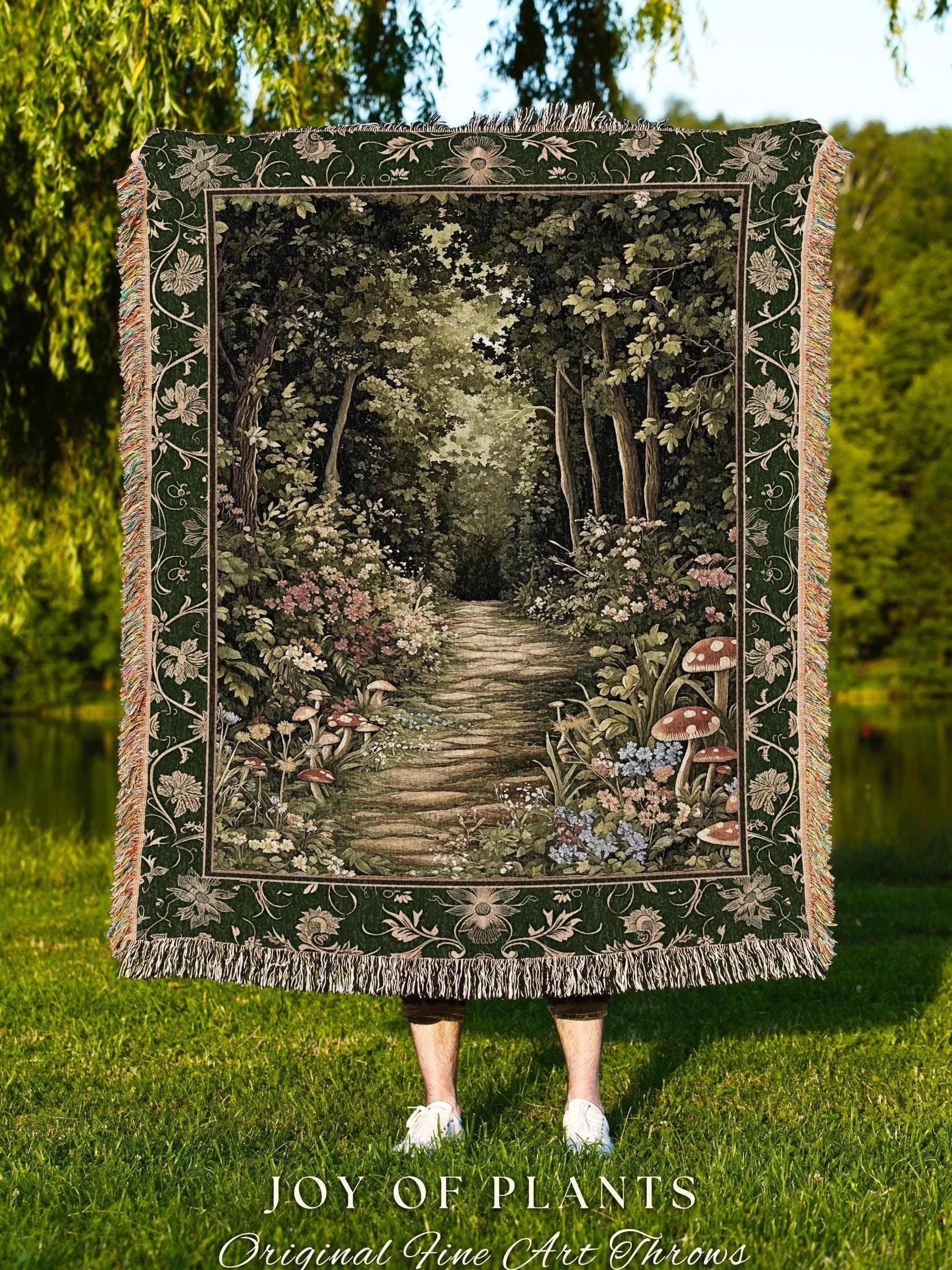Natural Plants Ethereal Folklore Throw Blanket | Woodland Fairy Inspired Nature Lover Bedroom Cozy Earthy Woven Tapestry Mystical Floral |