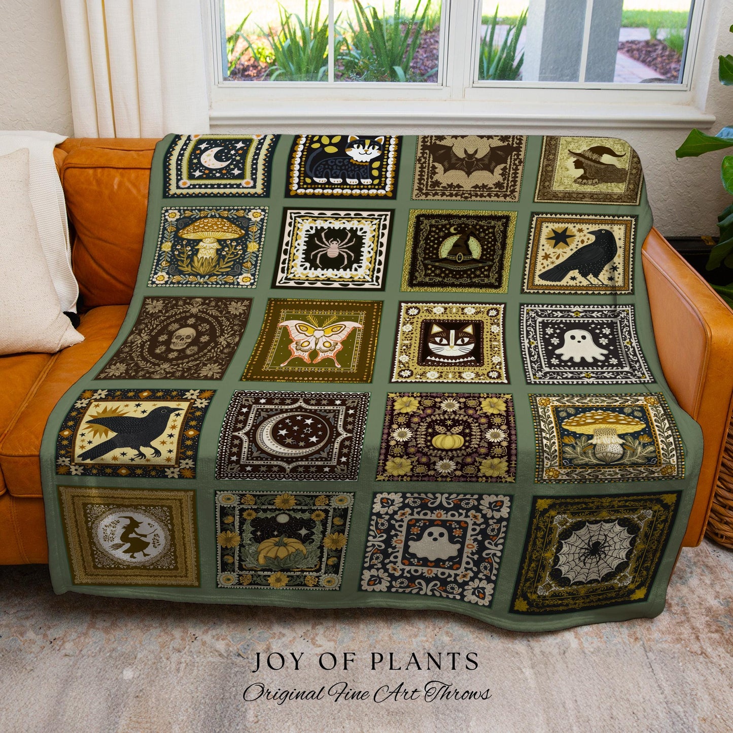 Olive Green Witchy Woven Throw Blanket | Halloween Witchcore Accent Whimsigoth Bedroom Tapestry Cozy Gothic Decor Gift for Cute Spooky Home