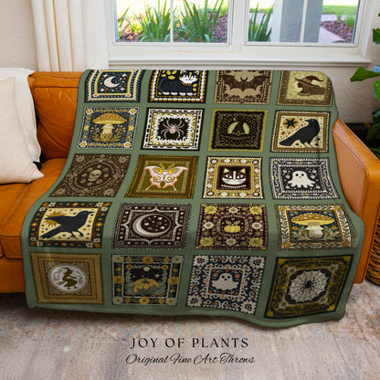 Olive Green Witchy Woven Throw Blanket | Halloween Witchcore Accent Whimsigoth Bedroom Tapestry Cozy Gothic Decor Gift for Cute Spooky Home