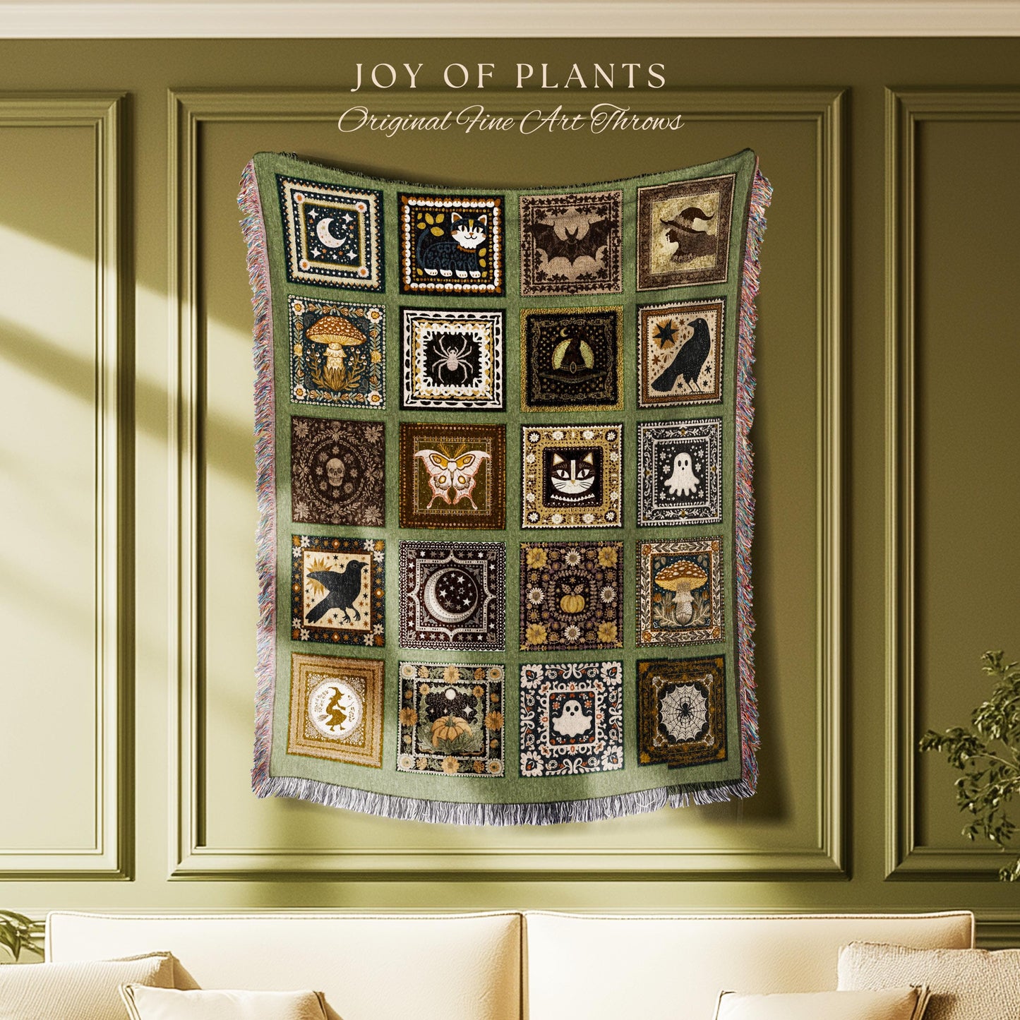 Olive Green Witchy Woven Throw Blanket | Halloween Witchcore Accent Whimsigoth Bedroom Tapestry Cozy Gothic Decor Gift for Cute Spooky Home