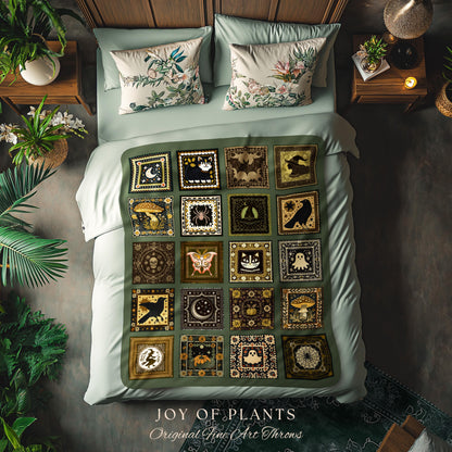 Olive Green Witchy Woven Throw Blanket | Halloween Witchcore Accent Whimsigoth Bedroom Tapestry Cozy Gothic Decor Gift for Cute Spooky Home