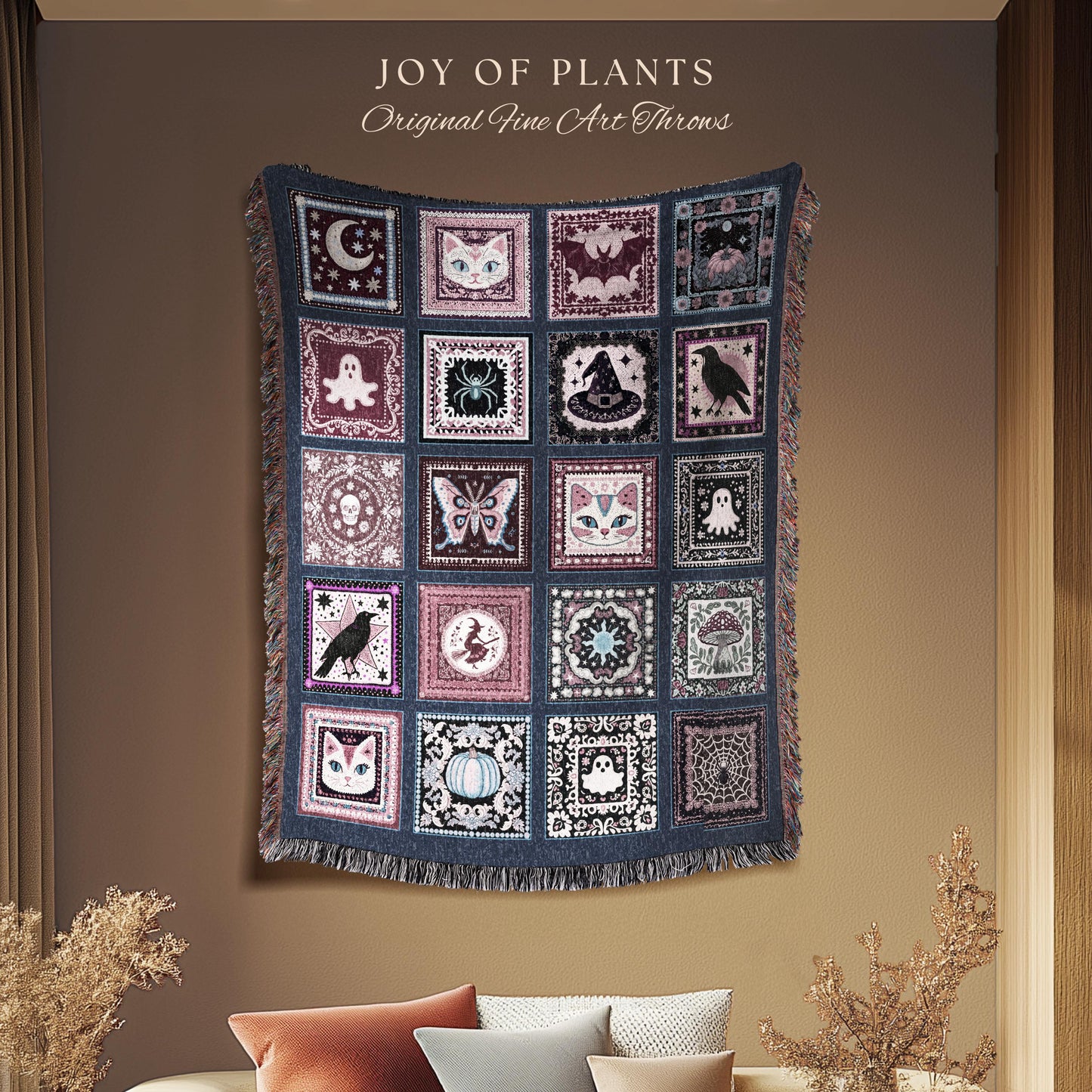 Folklore Muted Mauve Cotton Throw Blanket | Cozy Whimsigoth Halloween Tapestry Light Academia Cottagecore Bedroom Spooky Season Fairycore |