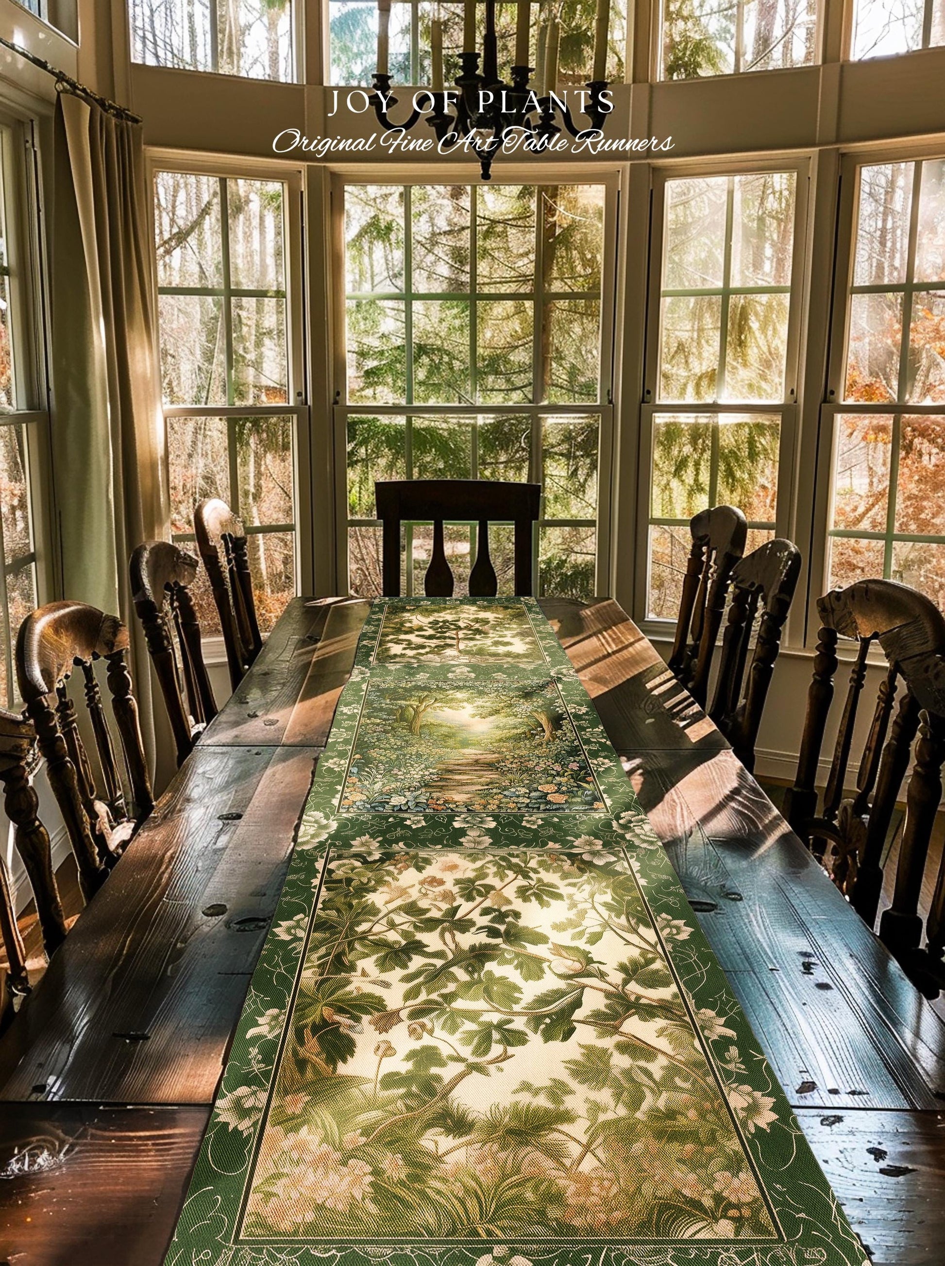 Mystic Garden Fairytale Landscape Table Runner | Fairycore Woodland Nature Lover Dining Room Cozy Earthy Home Decor Whimsical Floral Style |