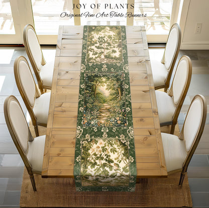 Mystic Garden Fairytale Landscape Table Runner | Fairycore Woodland Nature Lover Dining Room Cozy Earthy Home Decor Whimsical Floral Style |