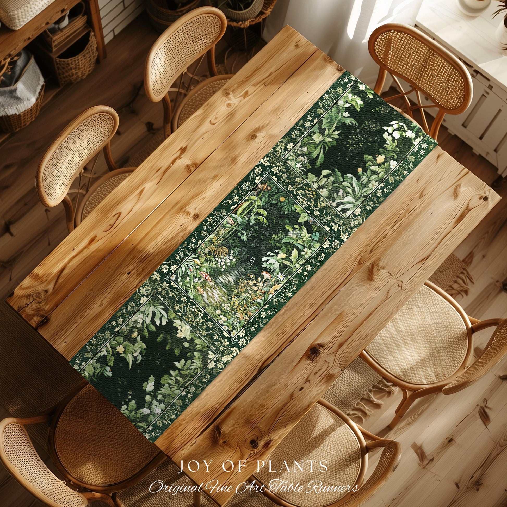 Soft Green Woodland Area Table Runner | Fairycore Woodland Nature Lover Dining Room Table Decor Cozy Earthy Jungle Whimsical Aesthetic Style