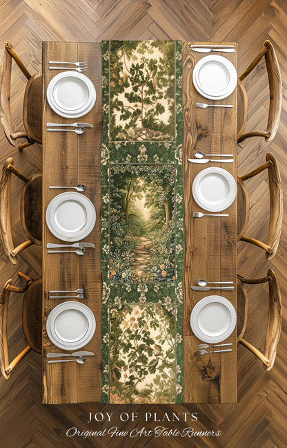 Mystic Garden Fairytale Landscape Table Runner | Fairycore Woodland Nature Lover Dining Room Cozy Earthy Home Decor Whimsical Floral Style |