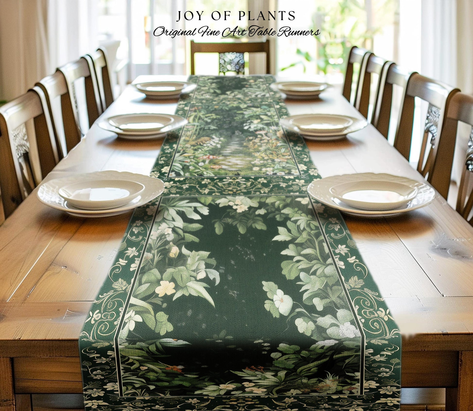 Soft Green Woodland Area Table Runner | Fairycore Woodland Nature Lover Dining Room Table Decor Cozy Earthy Jungle Whimsical Aesthetic Style