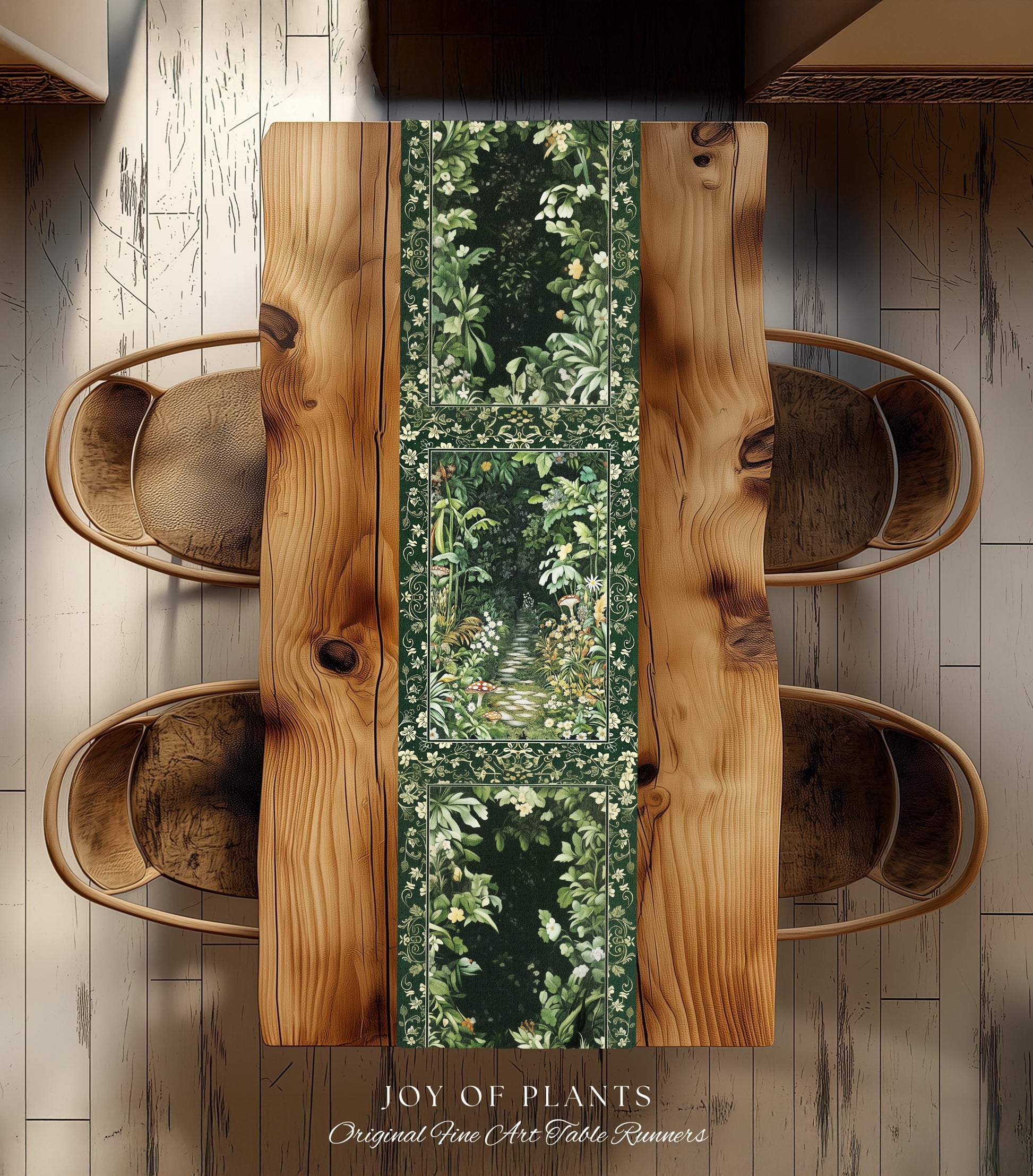 Soft Green Woodland Area Table Runner | Fairycore Woodland Nature Lover Dining Room Table Decor Cozy Earthy Jungle Whimsical Aesthetic Style