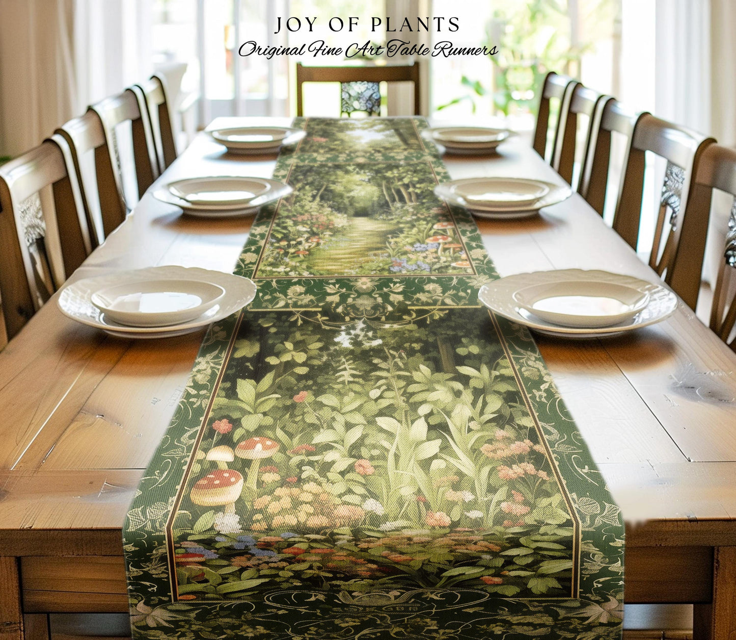 Natural Plants Ethereal Folklore Table Runner | Woodland Fairy Inspired Nature Lover Dining Room Cozy Earthy Aesthetic Mystical Floral Style