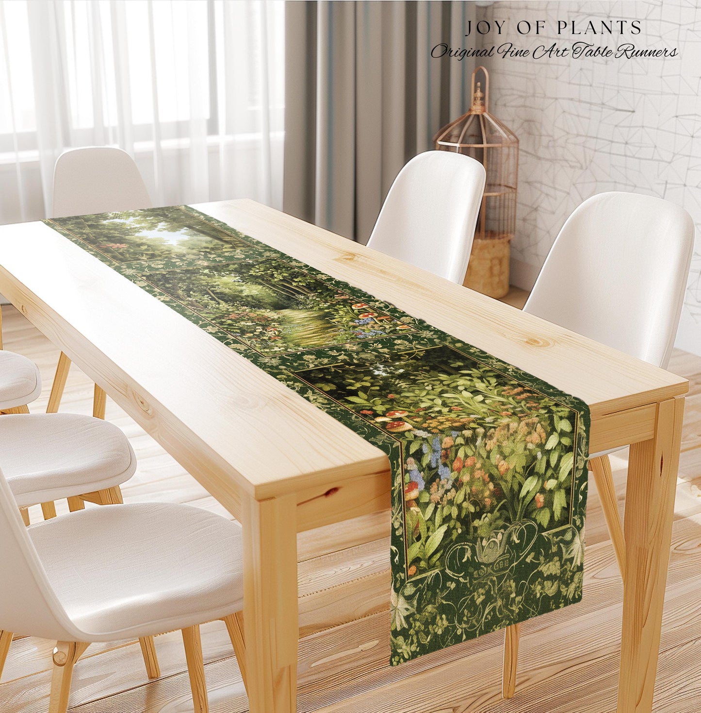 Natural Plants Ethereal Folklore Table Runner | Woodland Fairy Inspired Nature Lover Dining Room Cozy Earthy Aesthetic Mystical Floral Style