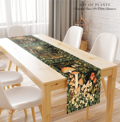 Botanical Bedroom Table Runner Fairycore | Woodland Mushroom Aesthetic Nature Lover Dining Room Decor Ethereal Emerald Green Decor Fairycore