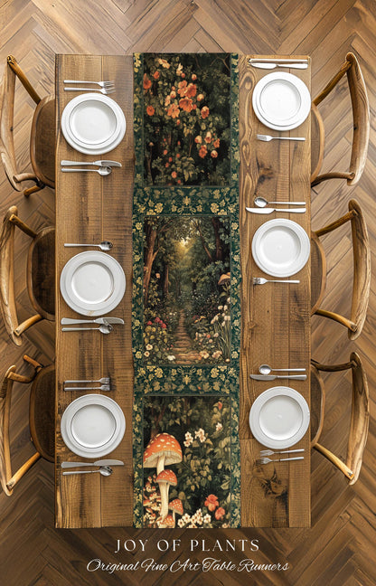 Botanical Bedroom Table Runner Fairycore | Woodland Mushroom Aesthetic Nature Lover Dining Room Decor Ethereal Emerald Green Decor Fairycore