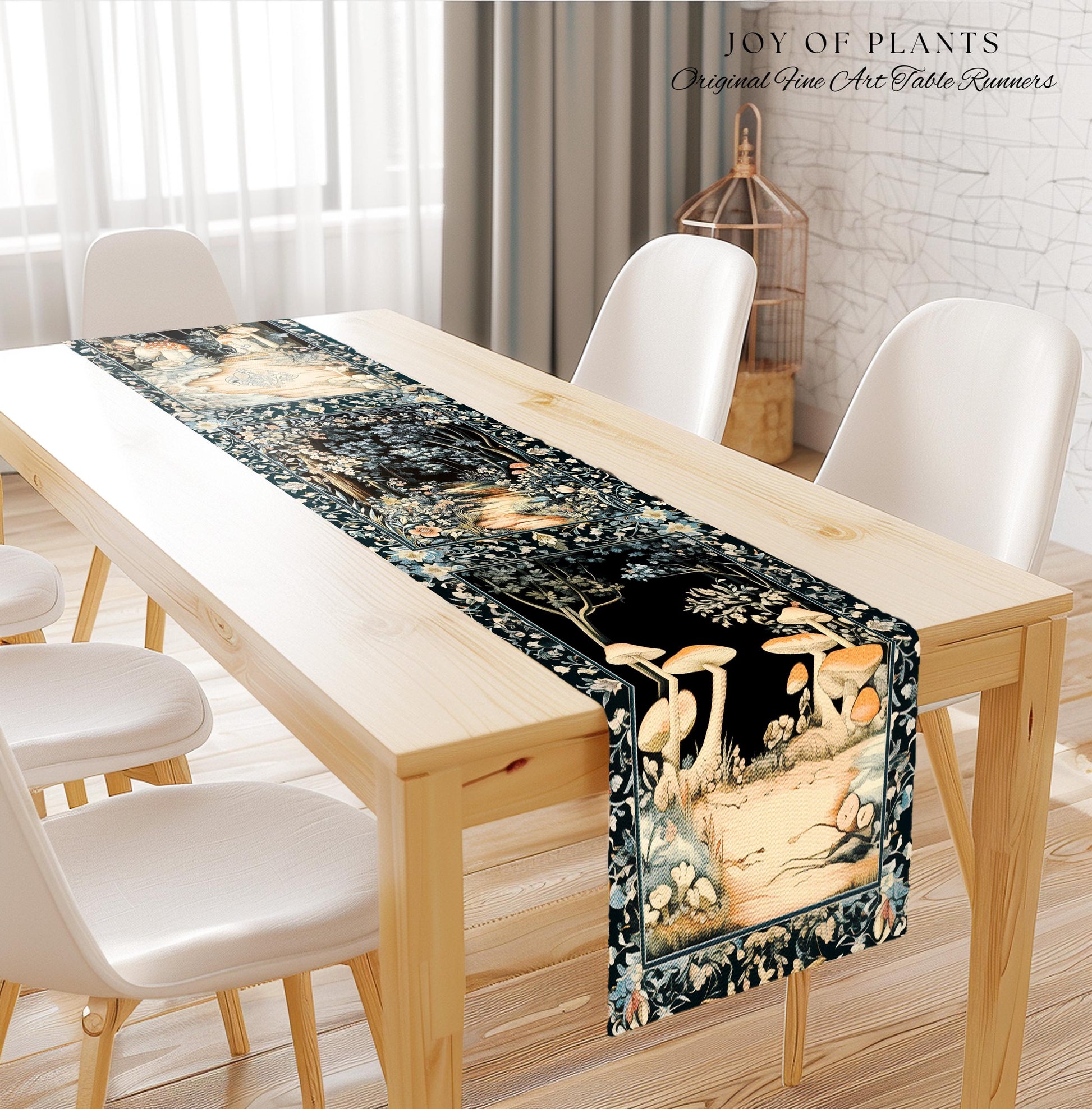 Dreamy Forest Landscape Botanical Table Runner | Misty Forest Dark Cottagecore Aesthetic Fairycore Dining Room Table Magical Jungle Decor