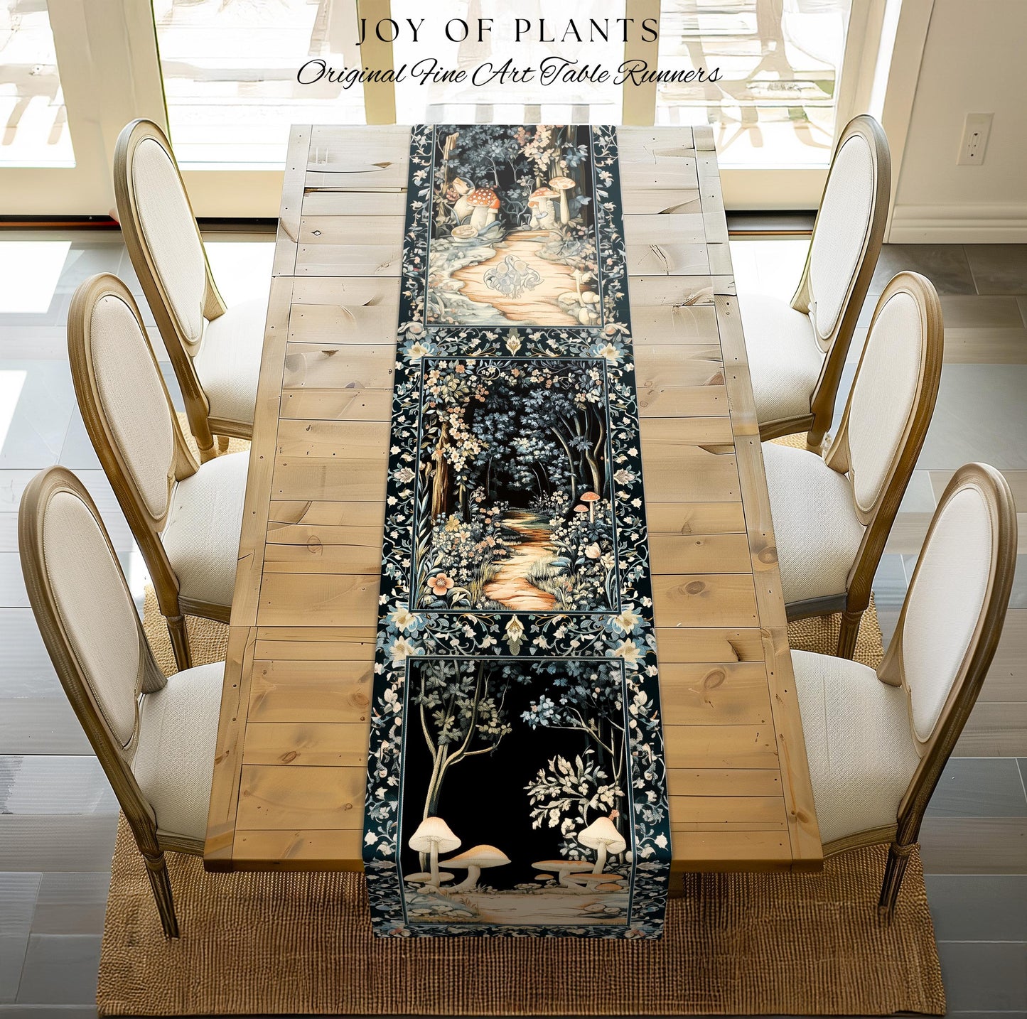Dreamy Forest Landscape Botanical Table Runner | Misty Forest Dark Cottagecore Aesthetic Fairycore Dining Room Table Magical Jungle Decor