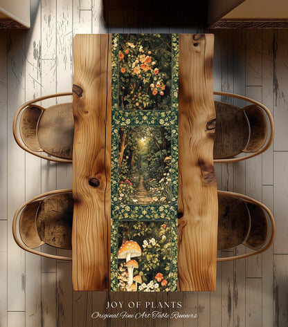 Botanical Bedroom Table Runner Fairycore | Woodland Mushroom Aesthetic Nature Lover Dining Room Decor Ethereal Emerald Green Decor Fairycore