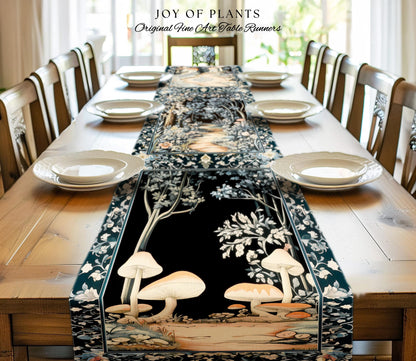 Dreamy Forest Landscape Botanical Table Runner | Misty Forest Dark Cottagecore Aesthetic Fairycore Dining Room Table Magical Jungle Decor
