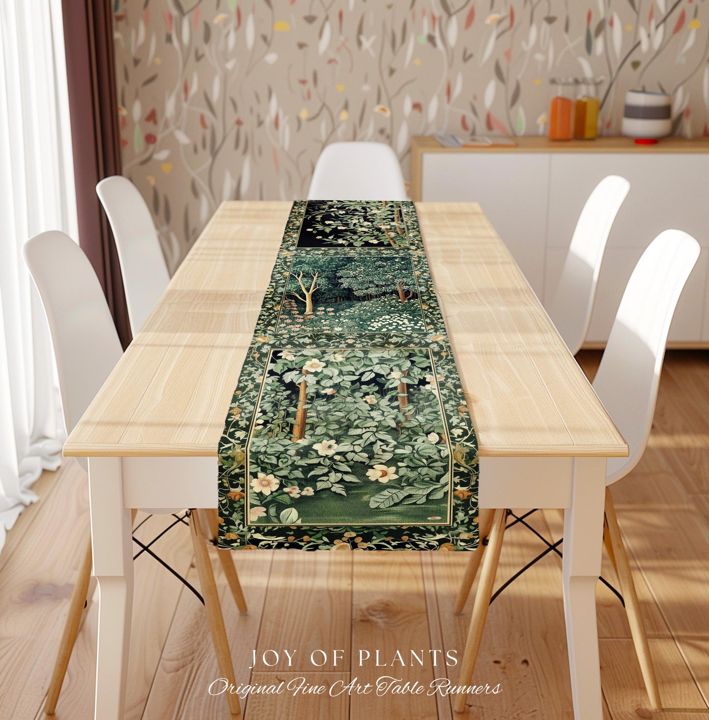 Medieval Forest Botanical Accent Table Runner | Woodland Botanical Emerald Green Vintage Aesthetic Mystic Dining Room Decorations Magical |