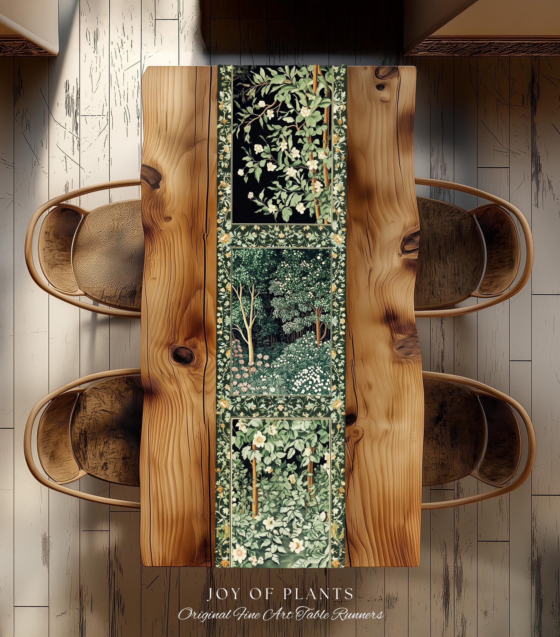 Medieval Forest Botanical Accent Table Runner | Woodland Botanical Emerald Green Vintage Aesthetic Mystic Dining Room Decorations Magical |