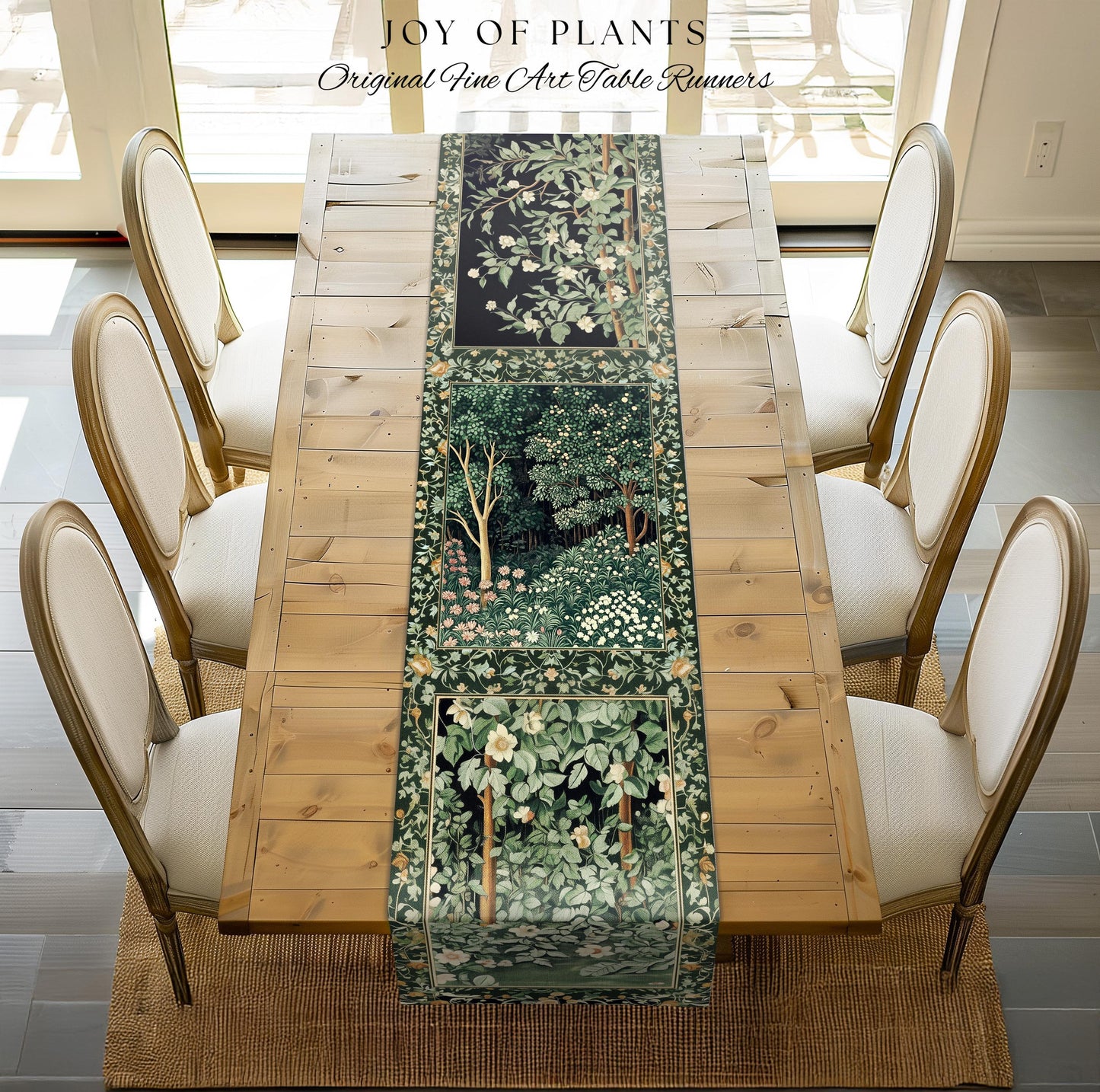 Medieval Forest Botanical Accent Table Runner | Woodland Botanical Emerald Green Vintage Aesthetic Mystic Dining Room Decorations Magical |