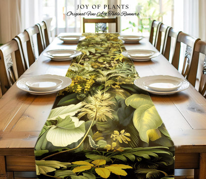 Moody Botanical Jungle Leaves Table Runner | Eclectic Green Maximalist Dining Room Table Whimsigoth Vintage Botanical Nature Forest Style |