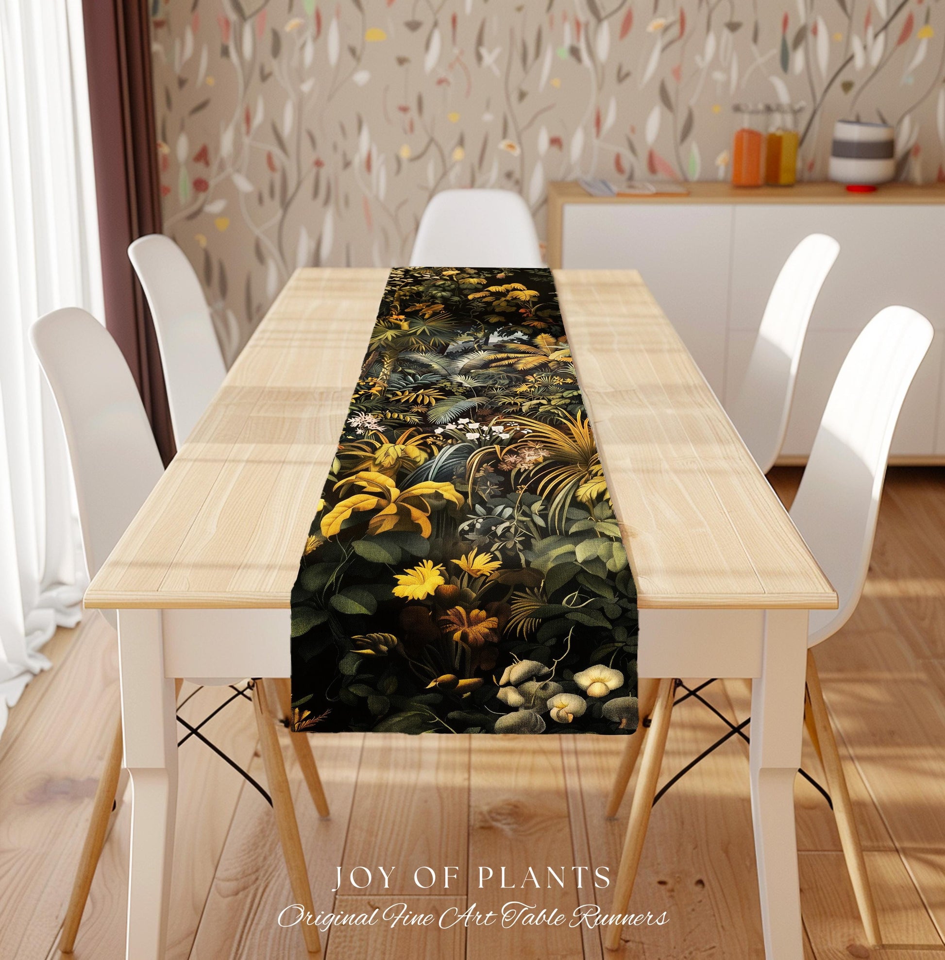 Earthy Colors Tropical Leaves Table Runner | Jungle Theme Dining Room Decor Whimsical Botanical Aesthetic Forest House Plant Foliage Natural