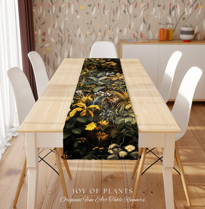 Earthy Colors Tropical Leaves Table Runner | Jungle Theme Dining Room Decor Whimsical Botanical Aesthetic Forest House Plant Foliage Natural