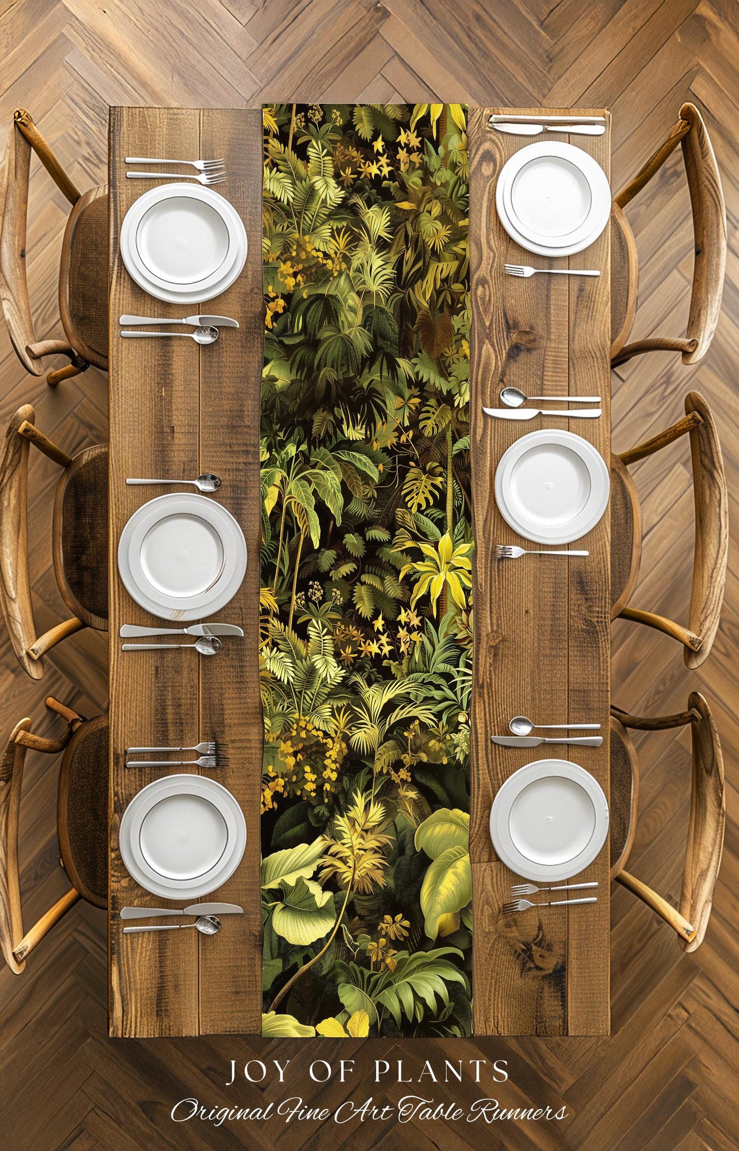 Moody Botanical Jungle Leaves Table Runner | Eclectic Green Maximalist Dining Room Table Whimsigoth Vintage Botanical Nature Forest Style |