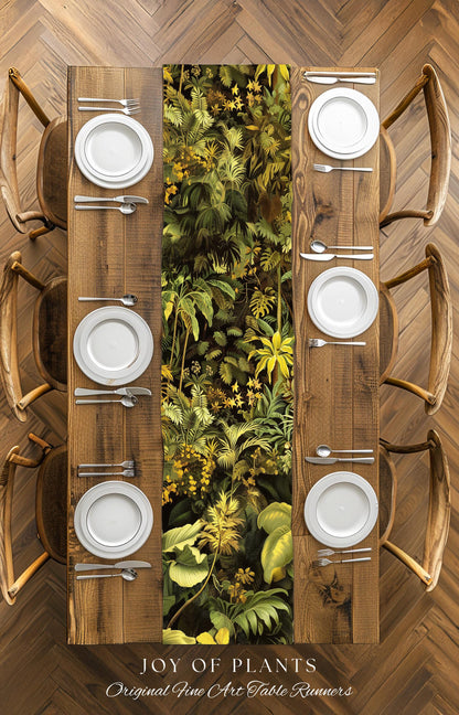 Moody Botanical Jungle Leaves Table Runner | Eclectic Green Maximalist Dining Room Table Whimsigoth Vintage Botanical Nature Forest Style |