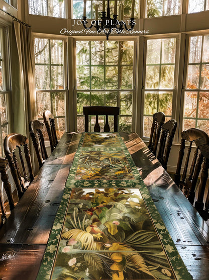 Maximalist Botanical Jungle Table Runner | Exotic Leaf Tropical Nature Theme Dining Room Decor Vintage Elegance Decorations Tropical Theme |