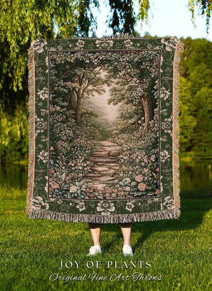 Mystic Garden Fairytale Landscape Tapestry Throw | Fairycore Woodland Nature Lover Book Nook Blanket Cozy Earthy Home Decor Whimsical Floral