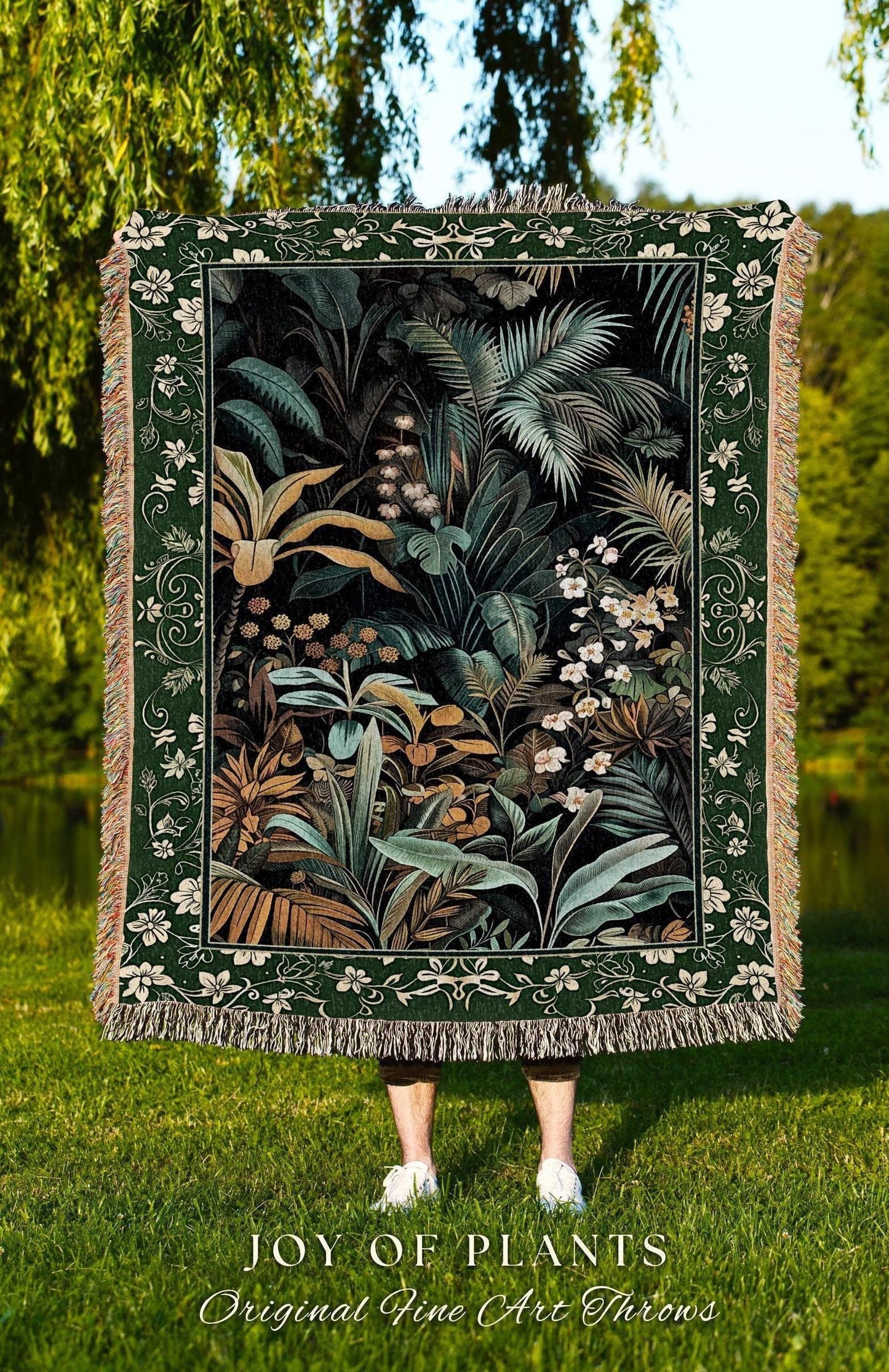 Jungle Leaves Botanical Woven Tapestry | Tropical Jungle Nature Lover Book Nook Cozy Plant Lover Boho Bedroom Decor Elegant Woven Blanket |