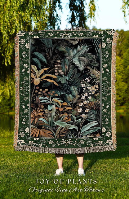 Jungle Leaves Botanical Woven Tapestry | Tropical Jungle Nature Lover Book Nook Cozy Plant Lover Boho Bedroom Decor Elegant Woven Blanket |