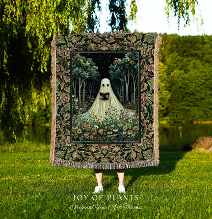 Reading Ghost Wildflower Tapestry Blanket | Gothic Decor Goth Lover Gift Cozy Home Halloween Decoration Fall Accent Botanical Spirit Witchy