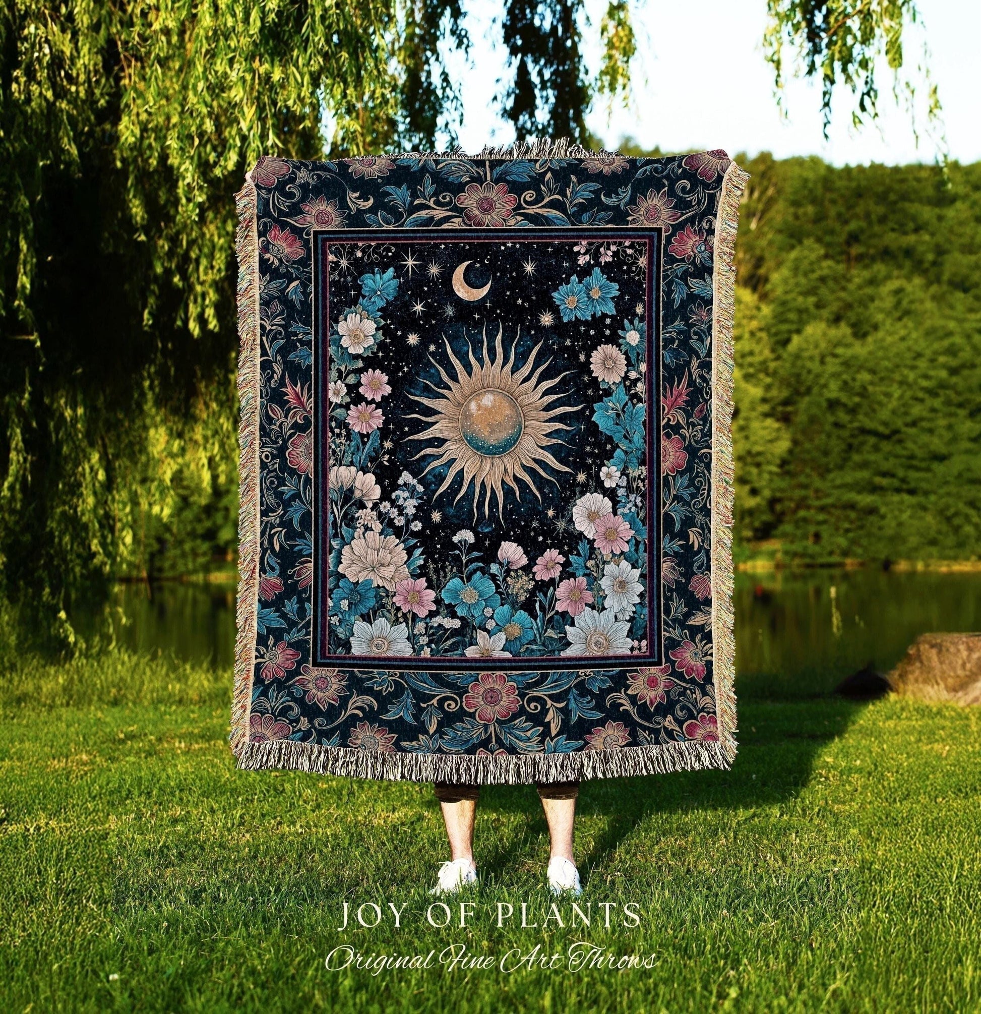 Celestial Sun Rustic Wall Tapestry | Eclectic Bedroom Accent Wildflowers Tapestry Cosmic Astrology Throw Blanket Psychedelic Tarot Decor |