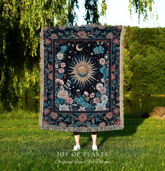 Celestial Sun Rustic Wall Tapestry | Eclectic Bedroom Accent Wildflowers Tapestry Cosmic Astrology Throw Blanket Psychedelic Tarot Decor |