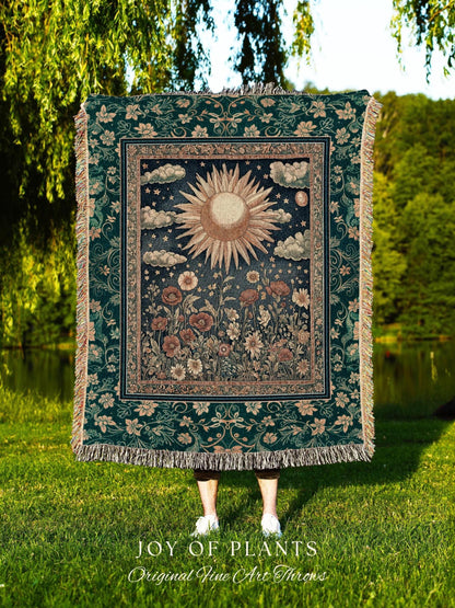 Maximalist Sun Goddess Tapestry | Nature Botanical Throw Blanket Floral Light Academia Spiritual Aesthetic Zodiac Theme Celestial Bedroom