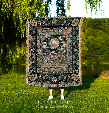 Dreamy Aesthetic Maximalist Tapestry | Sun and Moon Bohemian Sunshine Tapestry Astrology Throw Psychedelic Celestial Cozy Throw Blanket |