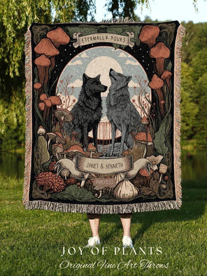 Woodland Wedding Custom Blanket | Outdoorsy Couple Anniversary Gift Custom Wolf Blanket Cottagecore Wedding Unique Couple Gifts Custom Names
