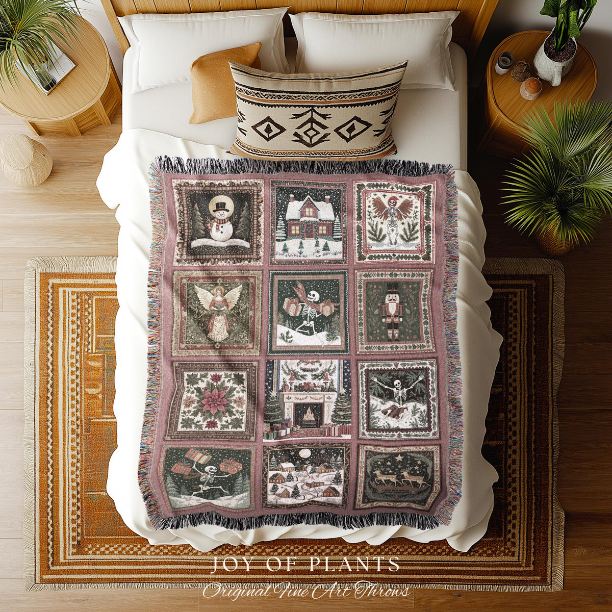 Pastel Christmas Cute Throw Blanket | Nostalgic Festive Skeleton Home Decor Scandinavian Aesthetic Boho Witchy Holiday Patchwork Tapestry |