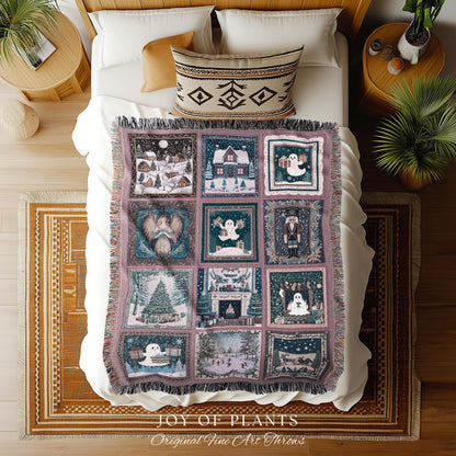 Holiday Boho Scandi Blanket | Spooky Christmas Ghost Throw Nostalgic Festive Home Decor Whimsical Xmas Tree Merry & Bright Pastel Aesthetic