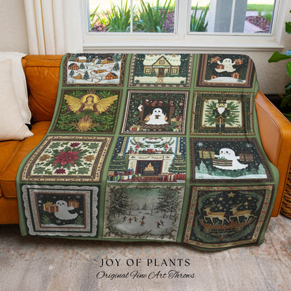 Whimsical Christmas Ghost Throw | Cozy Blanket Making Spirits Bright Retro Holiday Home Aesthetic Olive Green Scandi Boho Witchy Nostalgia |